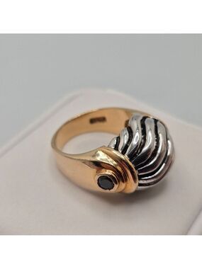 Dome Ring 18K GP Silver & Gold Tone Cabochon Size 8 Vintage Estate Statement